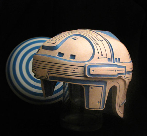 A beautiful recreation of Kevin Flynn's helmet by matte artist Colin Mayne.