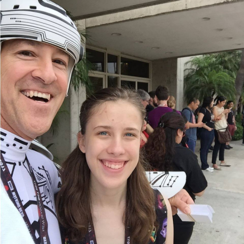 Maddy and me waiting for the shuttle.