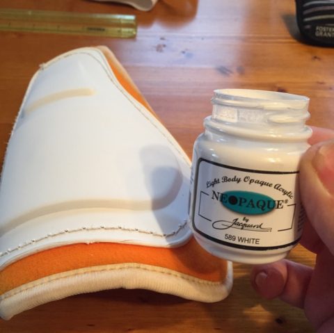 Using Jacquard Neopaque White to fabric-paint the orange portion.