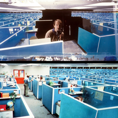 Harrison Ellenshaw with his matte painting of Encom office